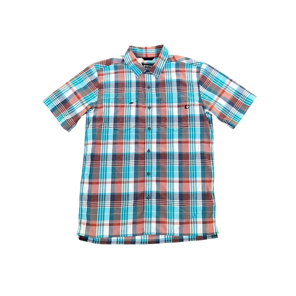 Marmot Plaid Button Up Shirt Nylon‎ Blend Hiking Travel Zip Pocket Logo Men M